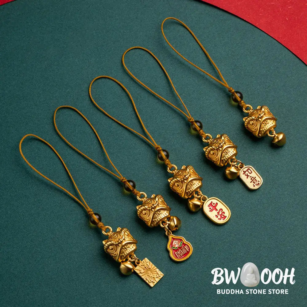 Buddha Stones Dancing Lion Auspicious Ruyi Safe Peace Rich Copper Wealth Phone Hanging Decoration - Phone Hanging