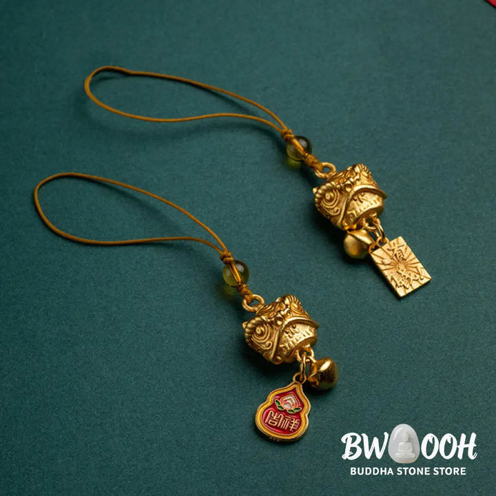 Buddha Stones Dancing Lion Auspicious Ruyi Safe Peace Rich Copper Wealth Phone Hanging Decoration - Phone Hanging