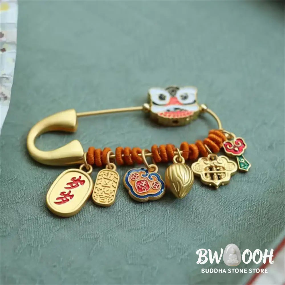 Buddha Stones Dancing Lion Lotus Bud Copper Fortune Brooch - Dancing Lion 20*58mm - Brooch