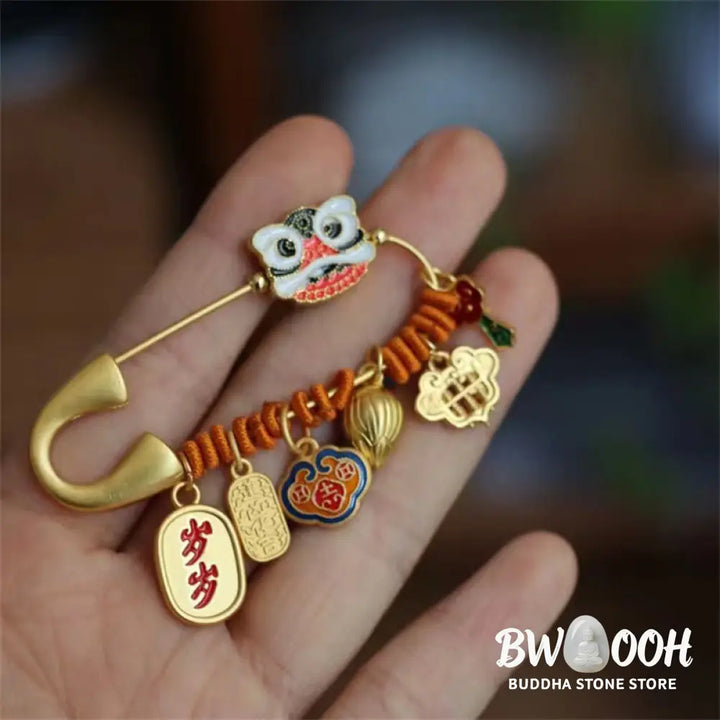 Buddha Stones Dancing Lion Lotus Bud Copper Fortune Brooch - Dancing Lion 20*58mm - Brooch