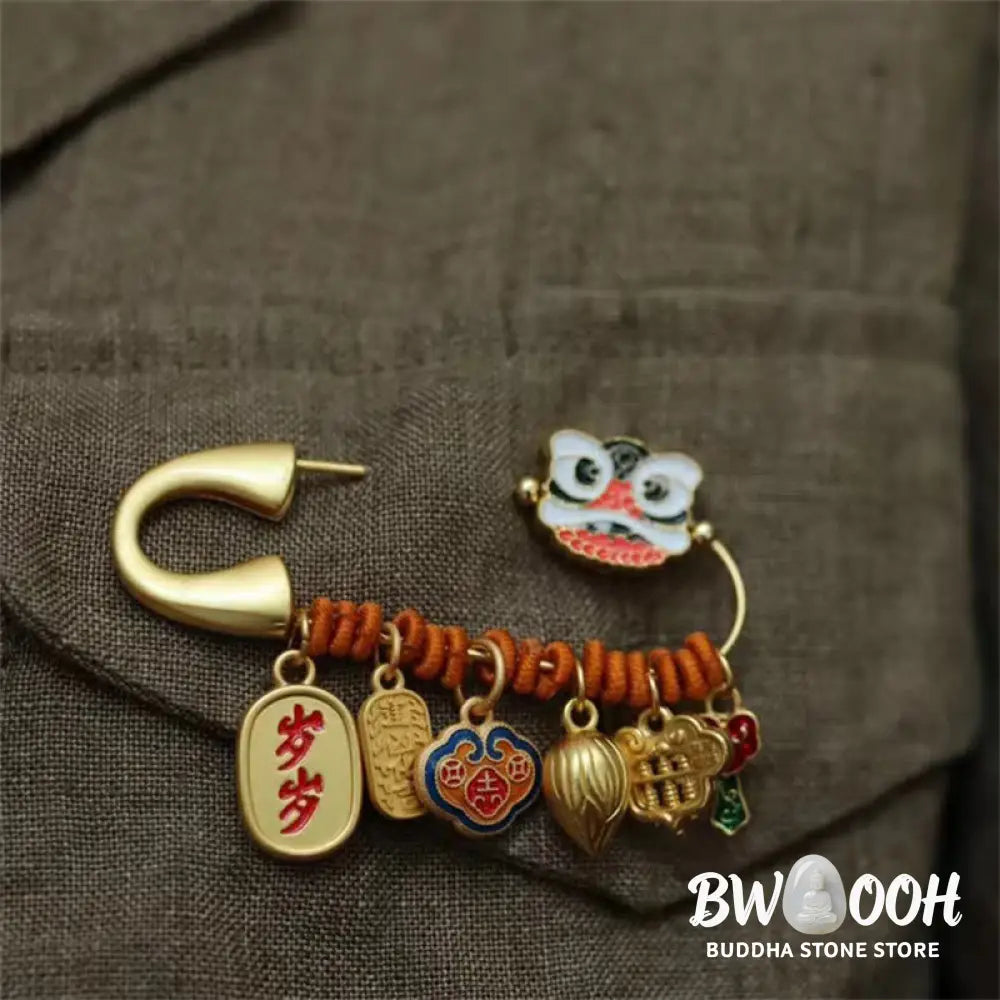 Buddha Stones Dancing Lion Lotus Bud Copper Fortune Brooch - Dancing Lion 20*58mm - Brooch