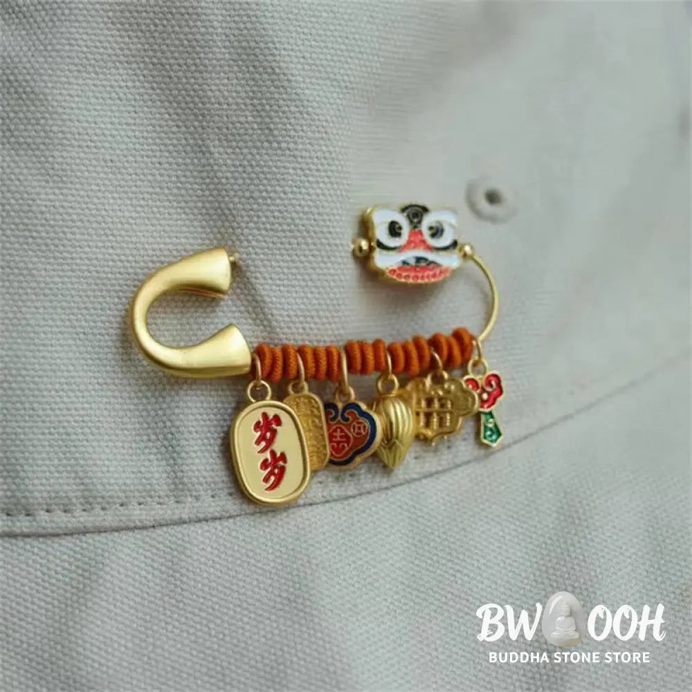Buddha Stones Dancing Lion Lotus Bud Copper Fortune Brooch - Dancing Lion 20*58mm - Brooch
