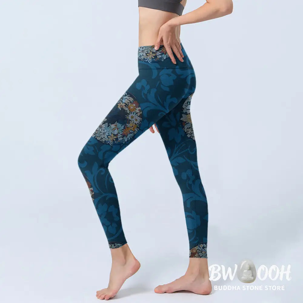 BWOOOH printed yoga leggings - Dark Blue Flowers In Bloom Print Sports 