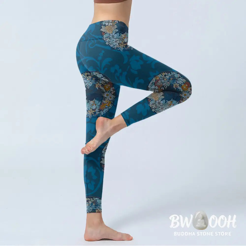 BWOOOH printed yoga leggings - Dark Blue Flowers In Bloom Print Sports 