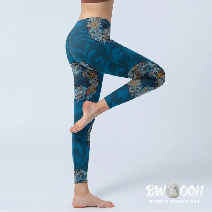 BWOOOH printed yoga leggings - Dark Blue Flowers In Bloom Print Sports 