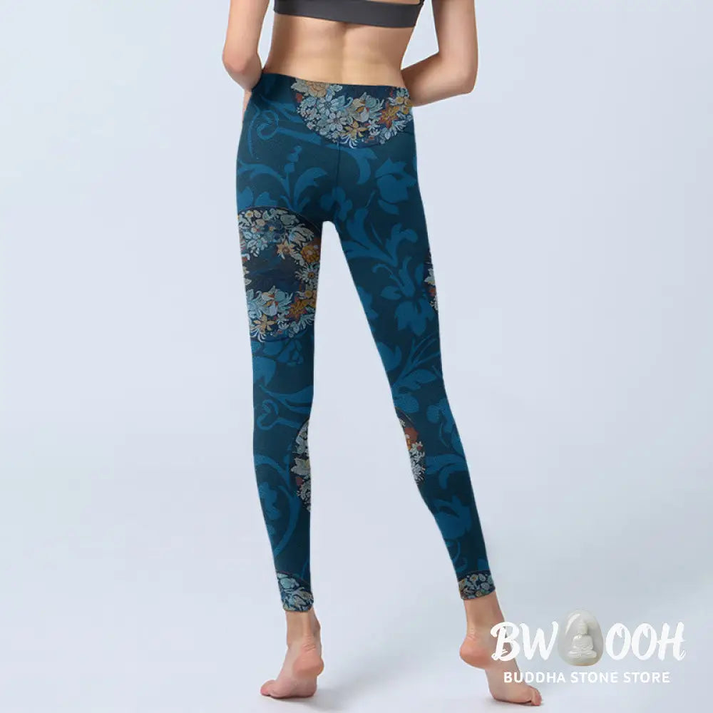 BWOOOH printed yoga leggings - Dark Blue Flowers In Bloom Print Sports 