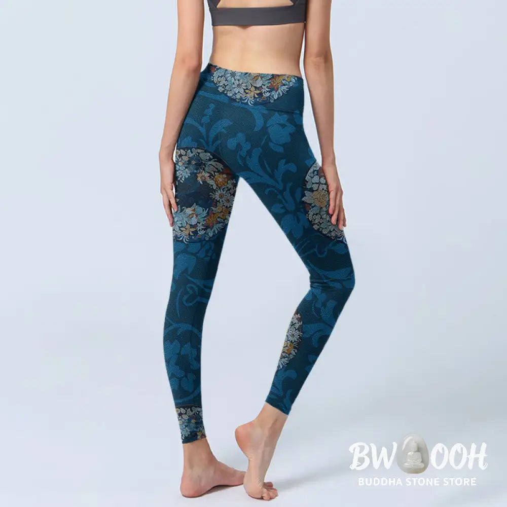 BWOOOH printed yoga leggings - Dark Blue Flowers In Bloom Print Sports 
