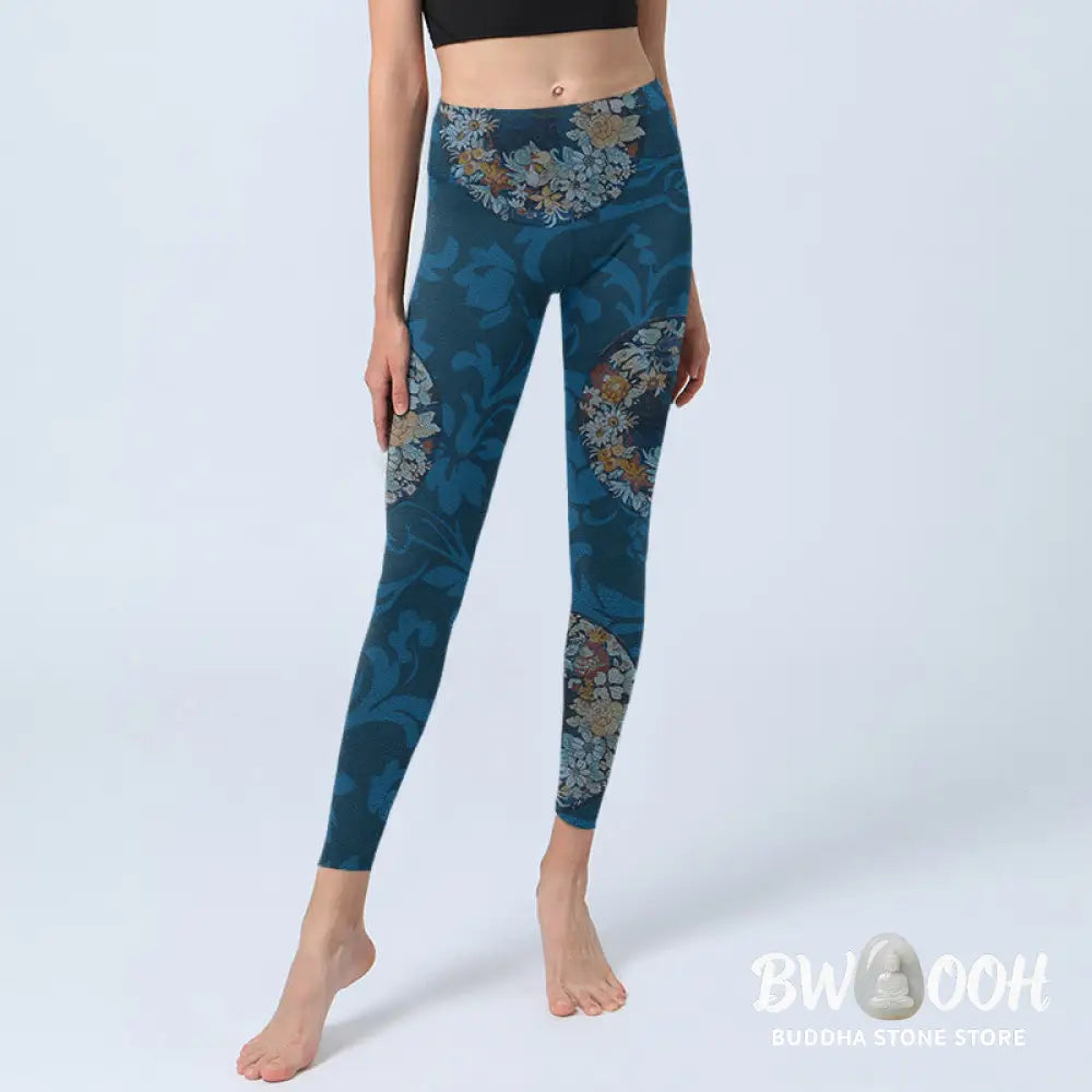 BWOOOH printed yoga leggings - Dark Blue Flowers In Bloom Print Sports 