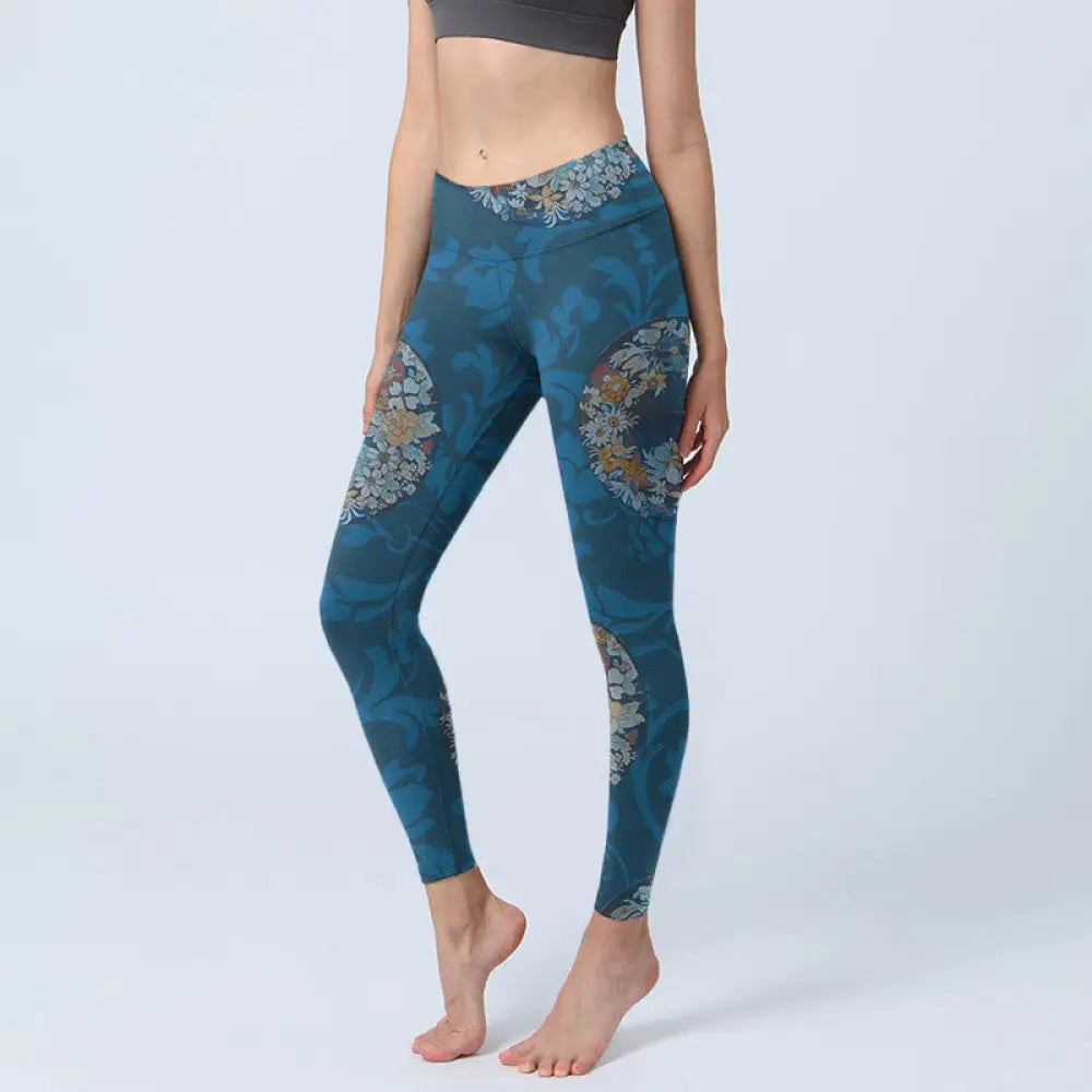 BWOOOH printed yoga leggings - Dark Blue Flowers In Bloom Print Sports 