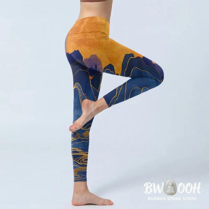 BWOOOH printed yoga leggings - Dark Blue Mountain Sunset Print Fitness 