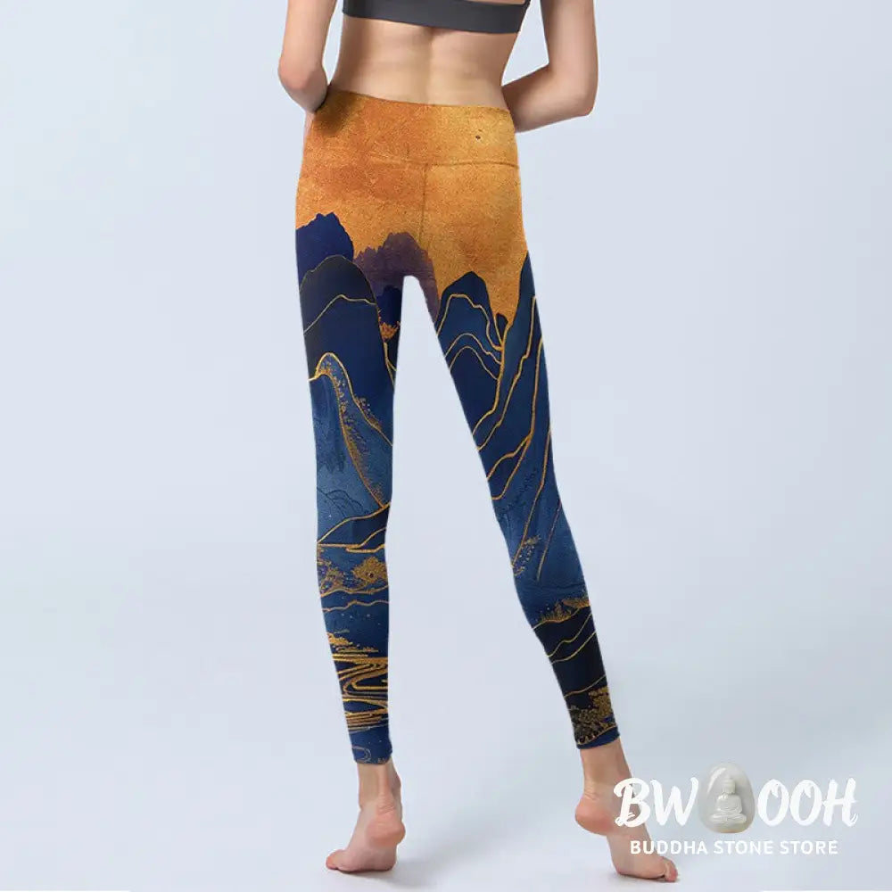 BWOOOH printed yoga leggings - Dark Blue Mountain Sunset Print Fitness 
