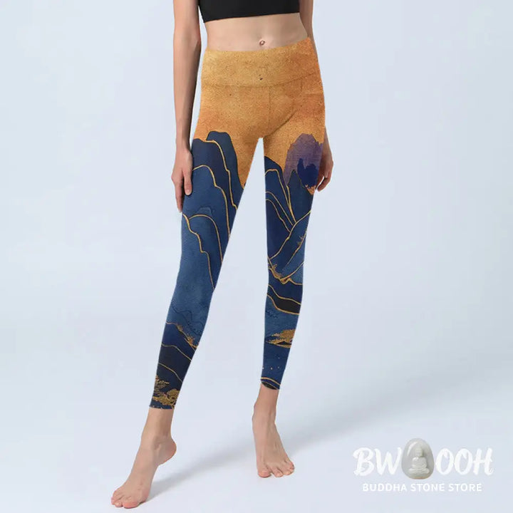 BWOOOH printed yoga leggings - Dark Blue Mountain Sunset Print Fitness 