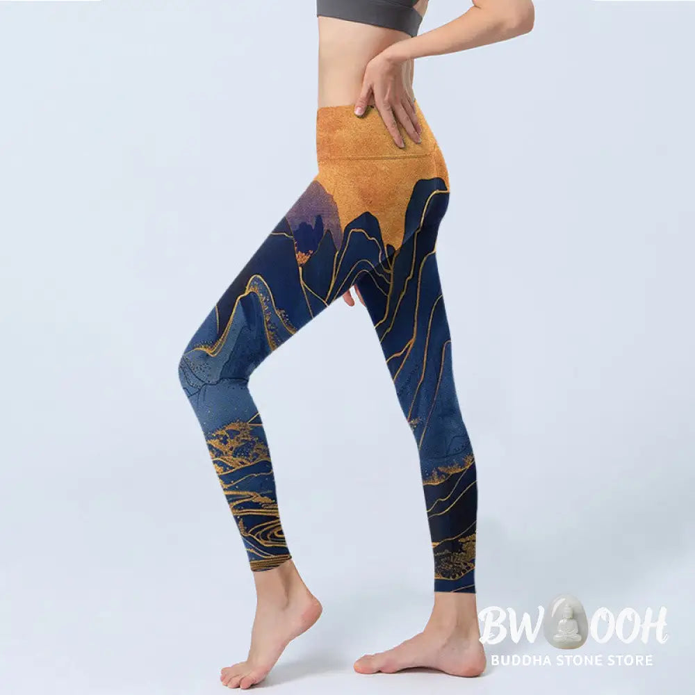 BWOOOH printed yoga leggings - Dark Blue Mountain Sunset Print Fitness 