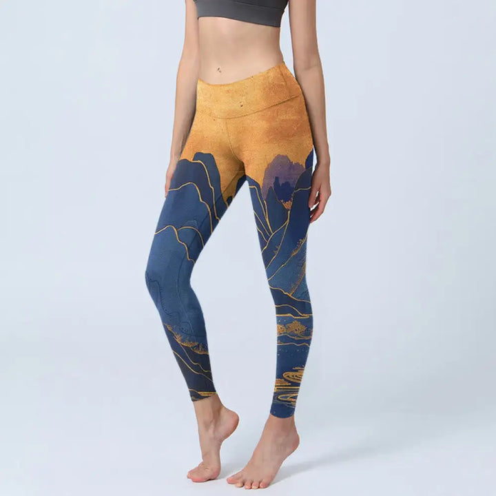 BWOOOH printed yoga leggings - Dark Blue Mountain Sunset Print Fitness 