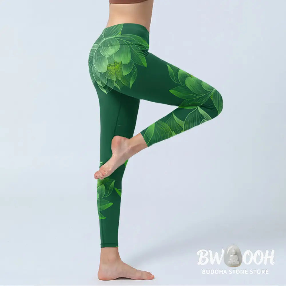 BWOOOH lotus print yoga leggings - Dark Green Lotus Flower Leaf Print Gym F
