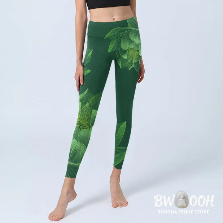 BWOOOH lotus print yoga leggings - Dark Green Lotus Flower Leaf Print Gym F