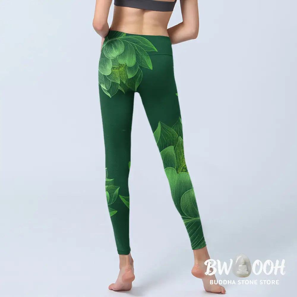 BWOOOH lotus print yoga leggings - Dark Green Lotus Flower Leaf Print Gym F
