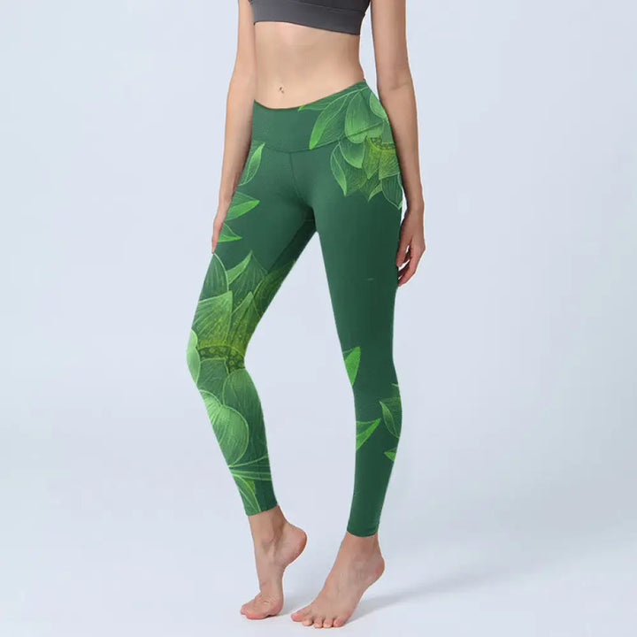 BWOOOH lotus print yoga leggings - Dark Green Lotus Flower Leaf Print Gym F