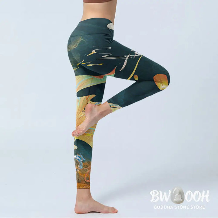 BWOOOH koi fish print yoga leggings - Dark Slate Gray Double Koi Fish Sky Lant