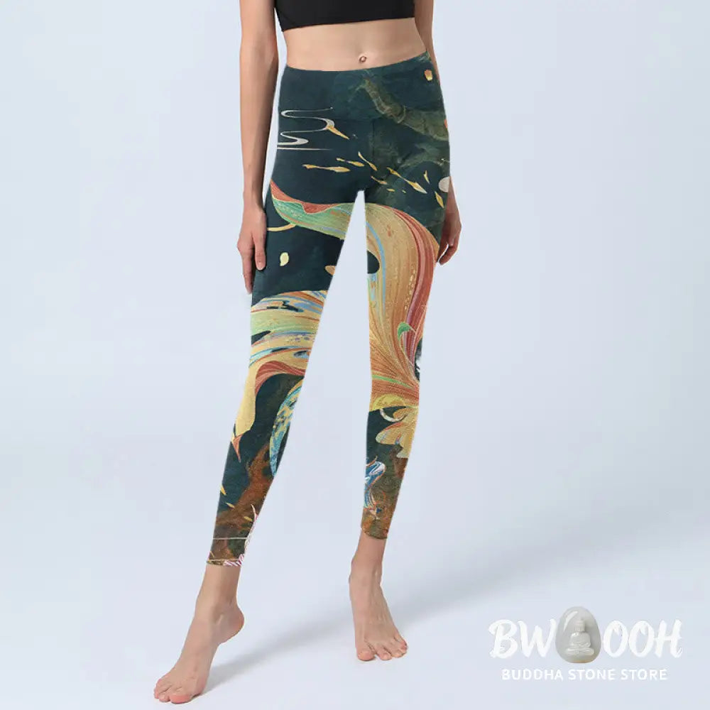 BWOOOH koi fish print yoga leggings - Dark Slate Gray Double Koi Fish Sky Lant
