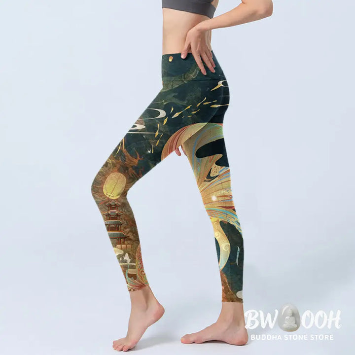 BWOOOH koi fish print yoga leggings - Dark Slate Gray Double Koi Fish Sky Lant