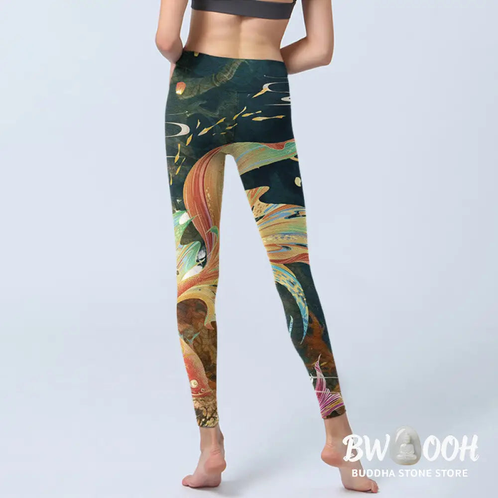 BWOOOH koi fish print yoga leggings - Dark Slate Gray Double Koi Fish Sky Lant