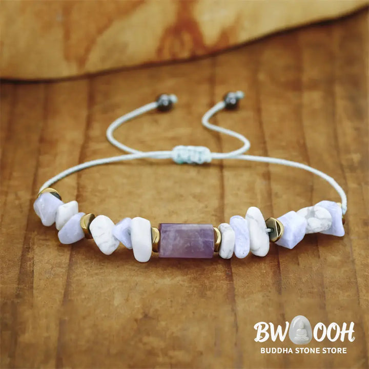 Buddha Stones De-Stress Amethyst Blue Lace Agate Howlite Healing Bracelet - BWOOOH - De-Stress(Wrist Circumference
