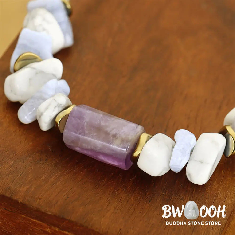 Buddha Stones De-Stress Amethyst Blue Lace Agate Howlite Healing Bracelet - BWOOOH - De-Stress(Wrist Circumference