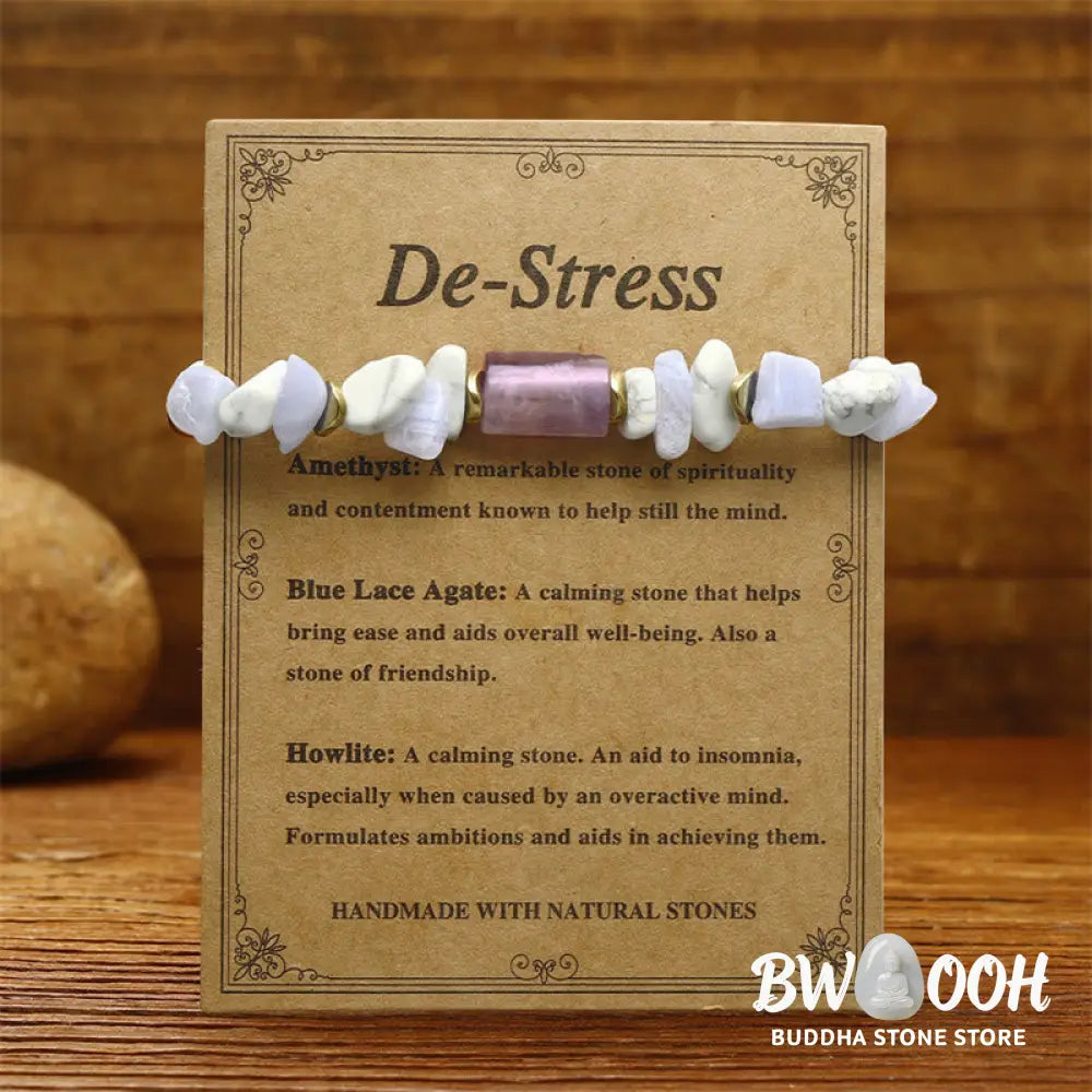 Buddha Stones De-Stress Amethyst Blue Lace Agate Howlite Healing Bracelet - BWOOOH - De-Stress(Wrist Circumference