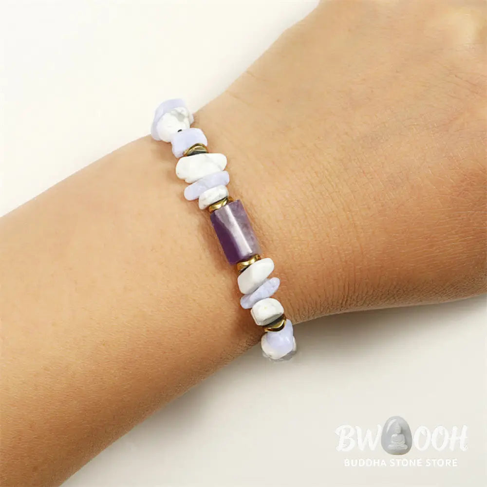 Buddha Stones De-Stress Amethyst Blue Lace Agate Howlite Healing Bracelet - BWOOOH - De-Stress(Wrist Circumference