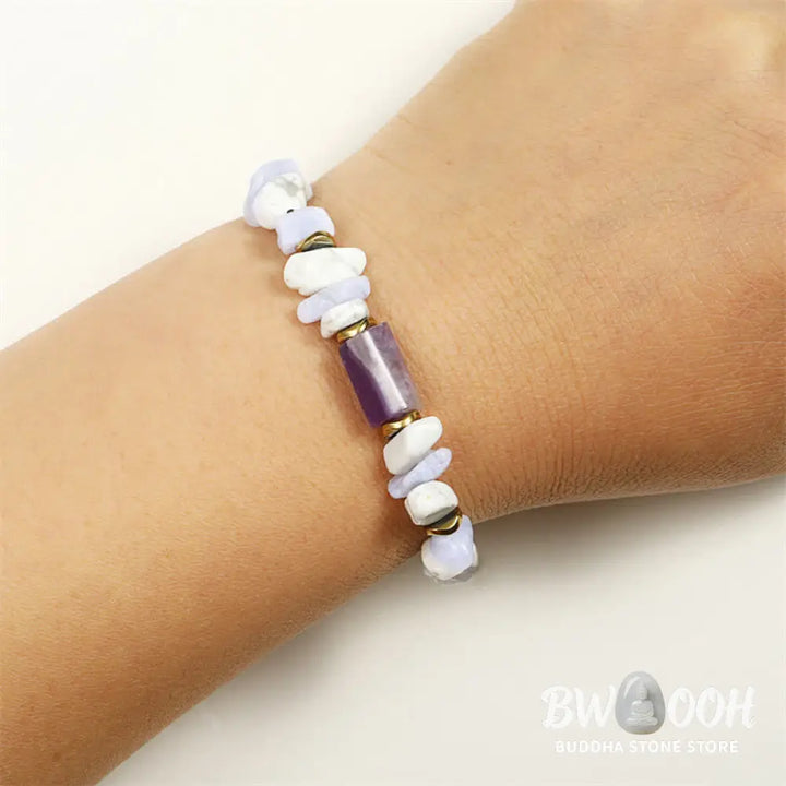 Buddha Stones De-Stress Amethyst Blue Lace Agate Howlite Healing Bracelet - BWOOOH - De-Stress(Wrist Circumference