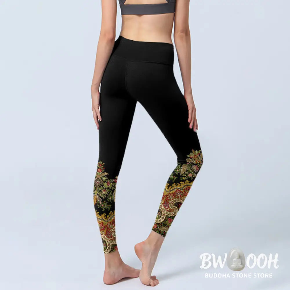 BWOOOH printed yoga leggings - Delicate Warm Tones Flower Leaf Pattern 