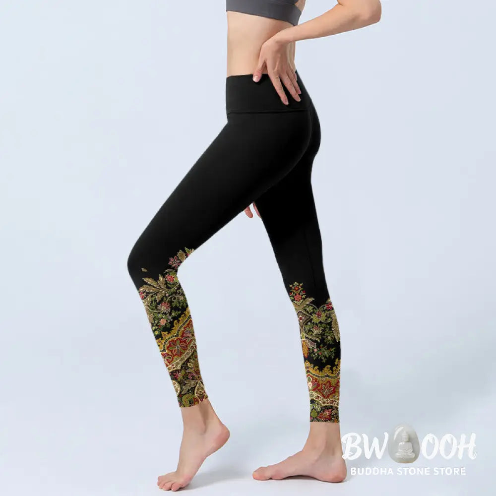 BWOOOH printed yoga leggings - Delicate Warm Tones Flower Leaf Pattern 