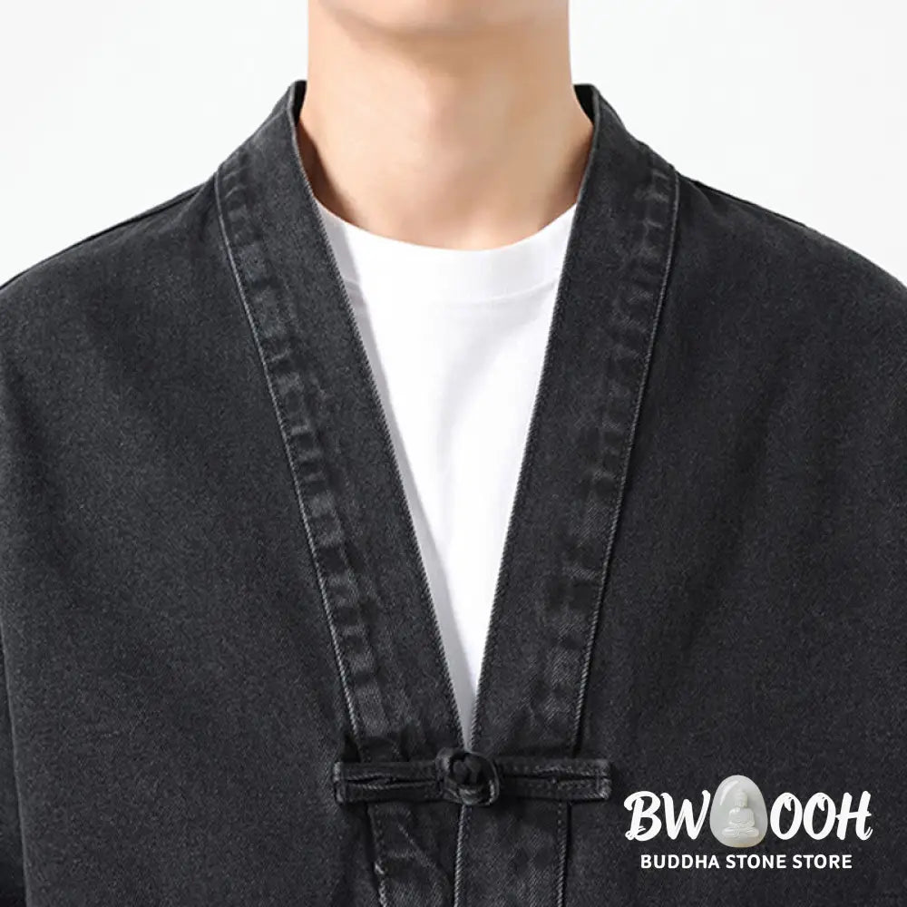 Buddha Stones Denim Button Design Men’s Cotton Long Sleeve Jacket With Pockets - Men’s Jacket