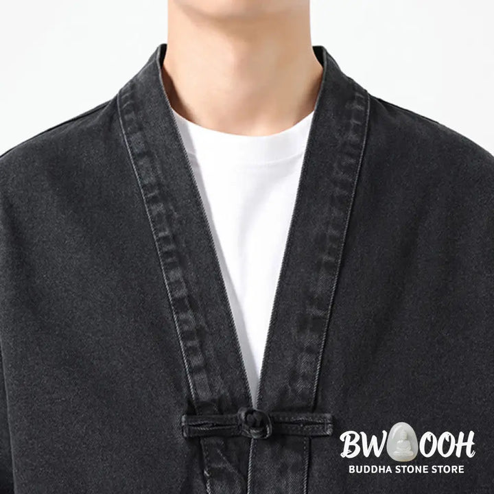 Buddha Stones Denim Button Design Men’s Cotton Long Sleeve Jacket With Pockets - Men’s Jacket