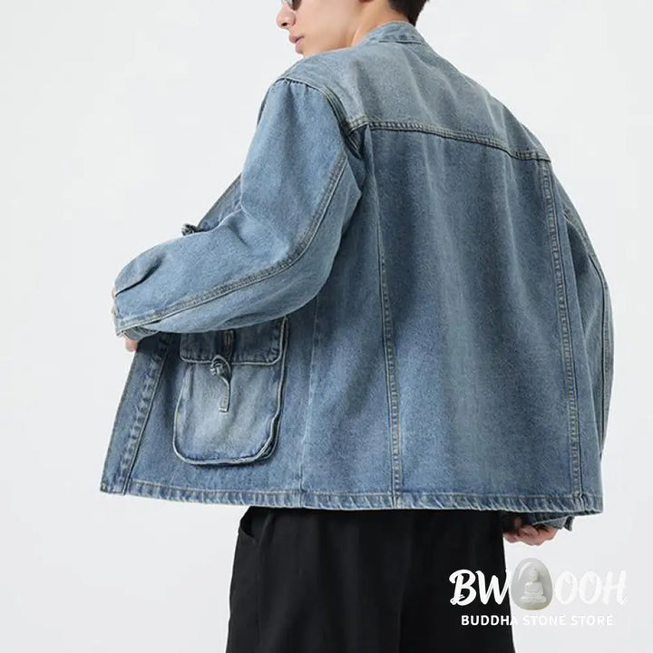 Buddha Stones Denim Button Design Men’s Cotton Long Sleeve Jacket With Pockets - Men’s Jacket