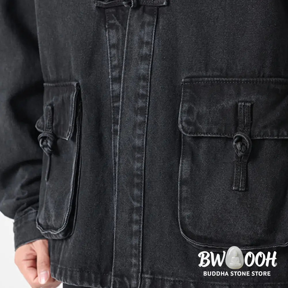 Buddha Stones Denim Button Design Men’s Cotton Long Sleeve Jacket With Pockets - Men’s Jacket