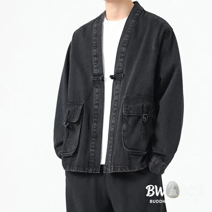 Buddha Stones Denim Button Design Men’s Cotton Long Sleeve Jacket With Pockets - Men’s Jacket