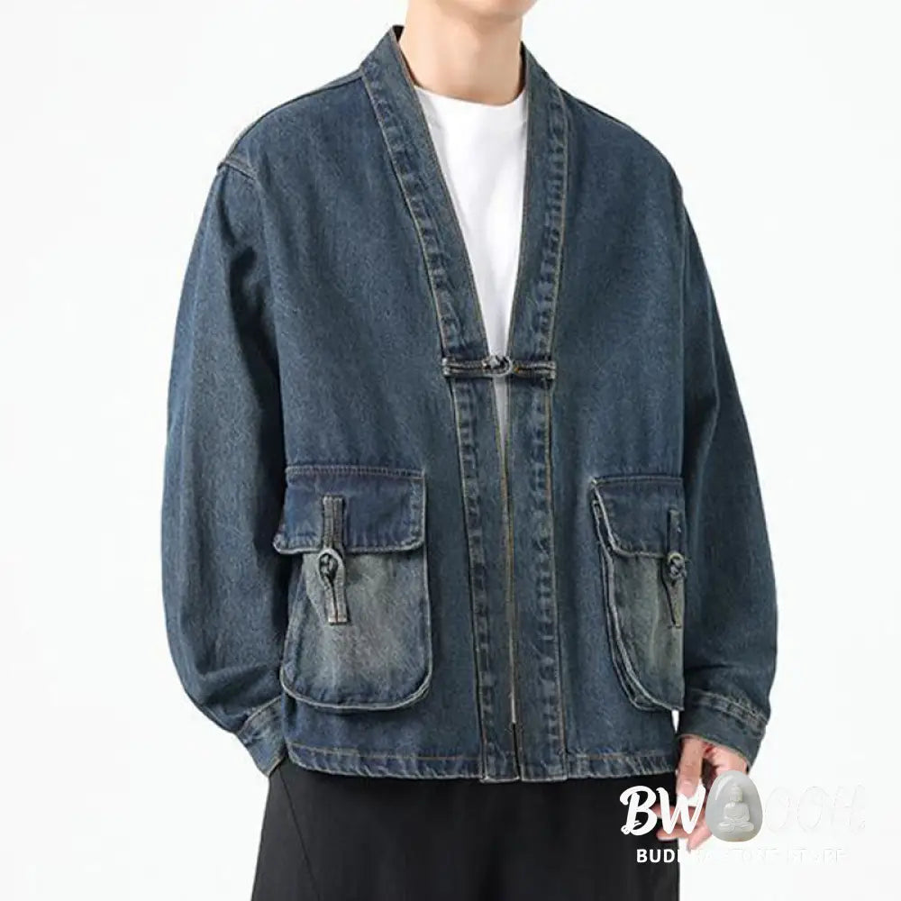 Buddha Stones Denim Button Design Men’s Cotton Long Sleeve Jacket With Pockets - Men’s Jacket