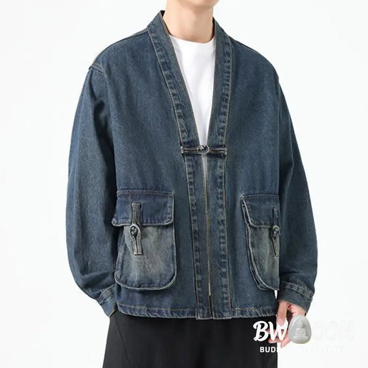 Buddha Stones Denim Button Design Men’s Cotton Long Sleeve Jacket With Pockets - Men’s Jacket