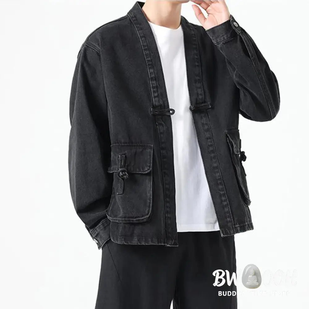 Buddha Stones Denim Button Design Men’s Cotton Long Sleeve Jacket With Pockets - Men’s Jacket