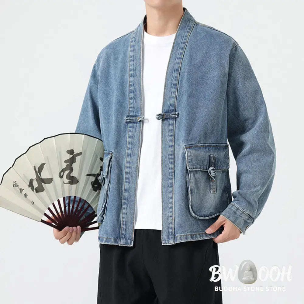 Buddha Stones Denim Button Design Men’s Cotton Long Sleeve Jacket With Pockets - Men’s Jacket