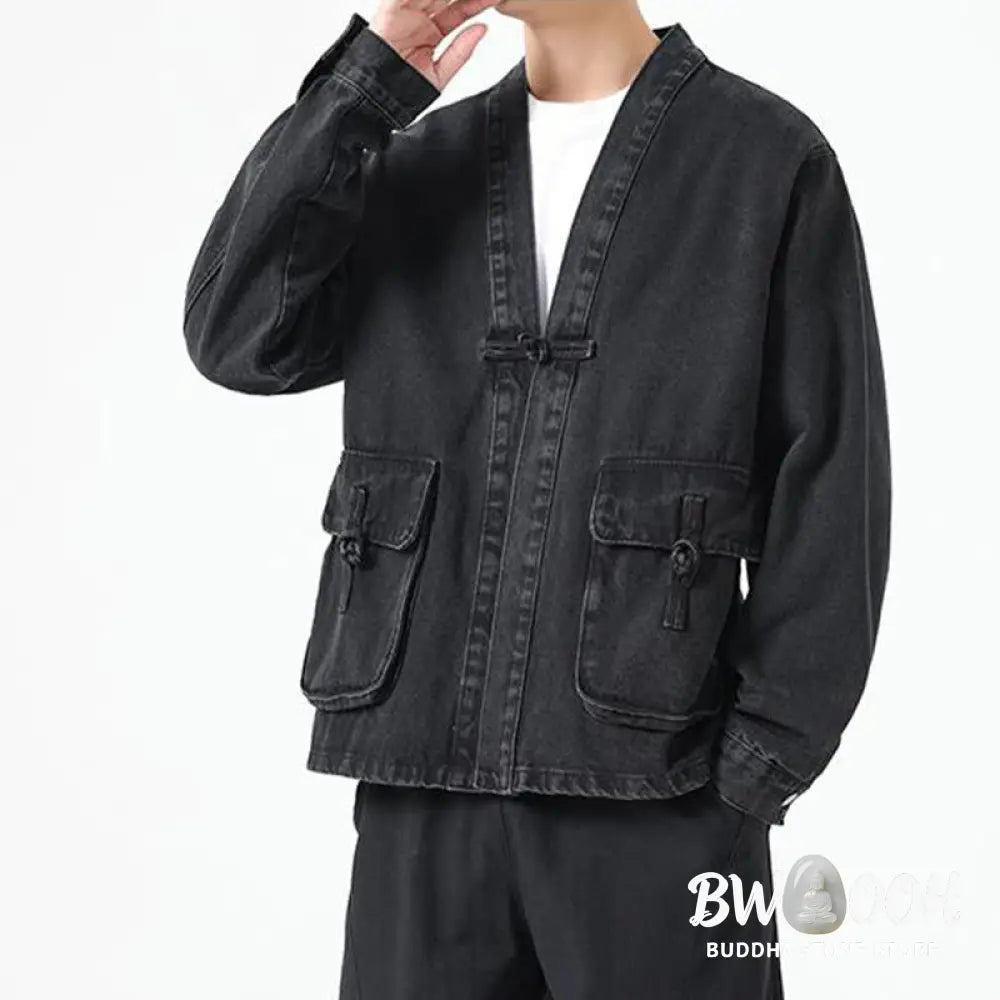 Buddha Stones Denim Button Design Men’s Cotton Long Sleeve Jacket With Pockets - Men’s Jacket