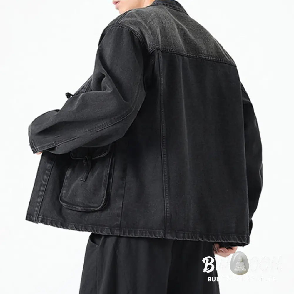 Buddha Stones Denim Button Design Men’s Cotton Long Sleeve Jacket With Pockets - Men’s Jacket
