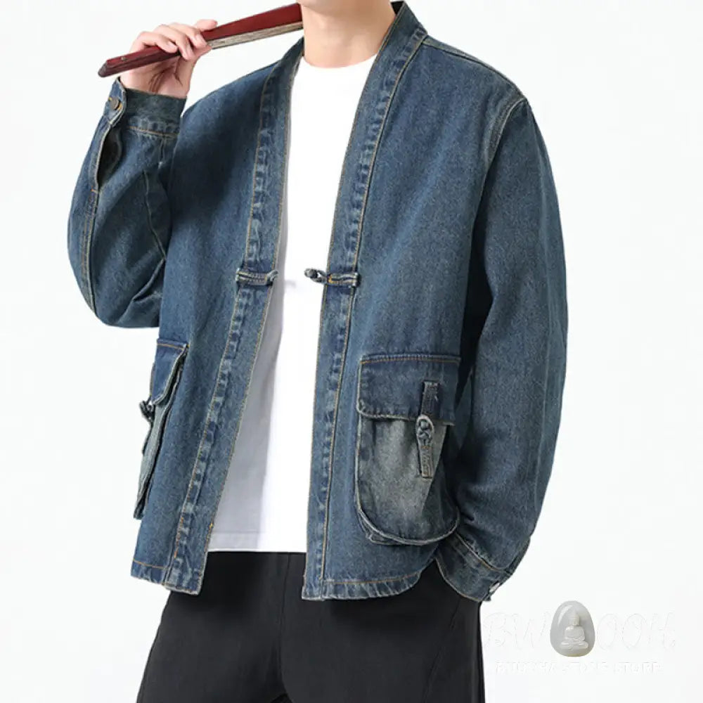 Buddha Stones Denim Button Design Men’s Cotton Long Sleeve Jacket With Pockets - Men’s Jacket