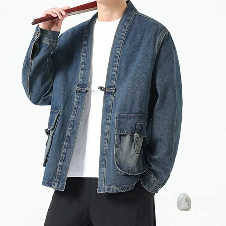 Buddha Stones Denim Button Design Men’s Cotton Long Sleeve Jacket With Pockets - Men’s Jacket