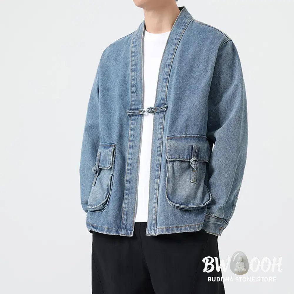 Buddha Stones Denim Button Design Men’s Cotton Long Sleeve Jacket With Pockets - Men’s Jacket