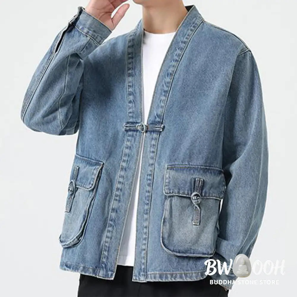 Buddha Stones Denim Button Design Men’s Cotton Long Sleeve Jacket With Pockets - Men’s Jacket