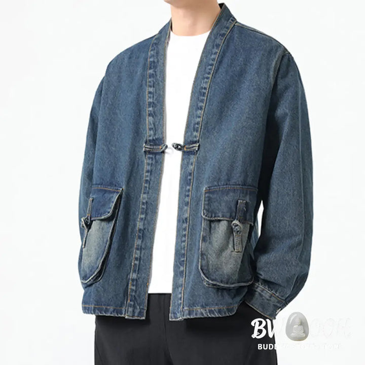 Buddha Stones Denim Button Design Men’s Cotton Long Sleeve Jacket With Pockets - Men’s Jacket