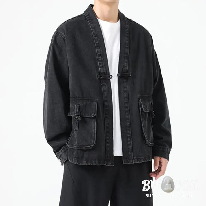 Buddha Stones Denim Button Design Men’s Cotton Long Sleeve Jacket With Pockets - Men’s Jacket